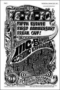 "FE-FI-FO, Fifth Estate first anniversary Freak-out!"Poster image, page 12 of Issue 20, December 15-31, 1966.