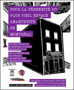 Illustration, campaign For the Continuity of Montreal's Oldest Anarchist Space, French text, white text on purple background; English translation on same page.