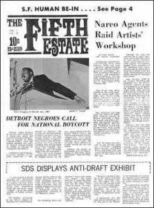 Cover image, Issue 23, February, 1-15, 1967, contains 3 page-one stories: Call for National Boycott; Narco Agents Raid Artists' Workshop; SDS Displays Anti-Draft Exhibit